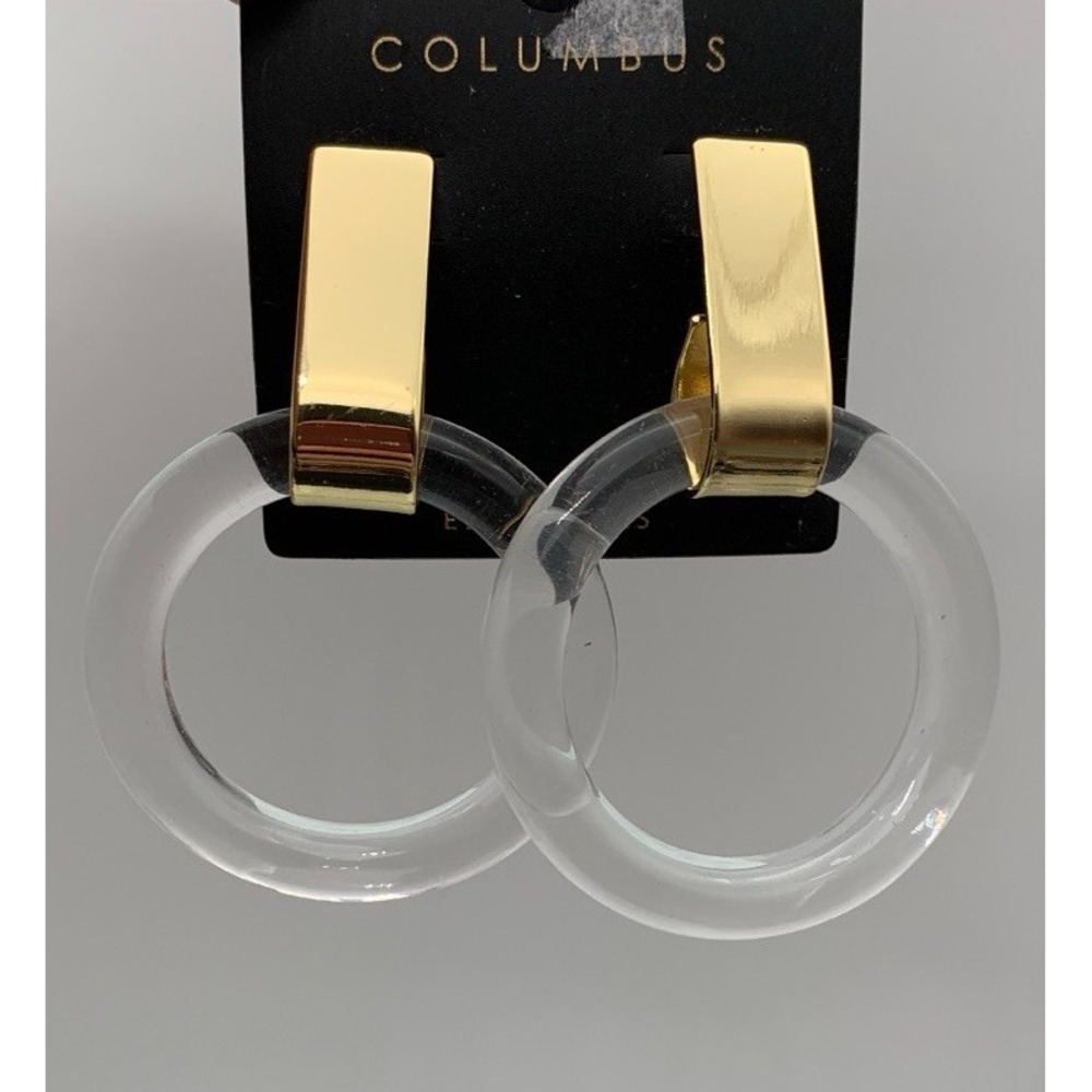 NWT Columbus Gold Tone And Clear Lucite Chunky Hoop Pierced Earrings